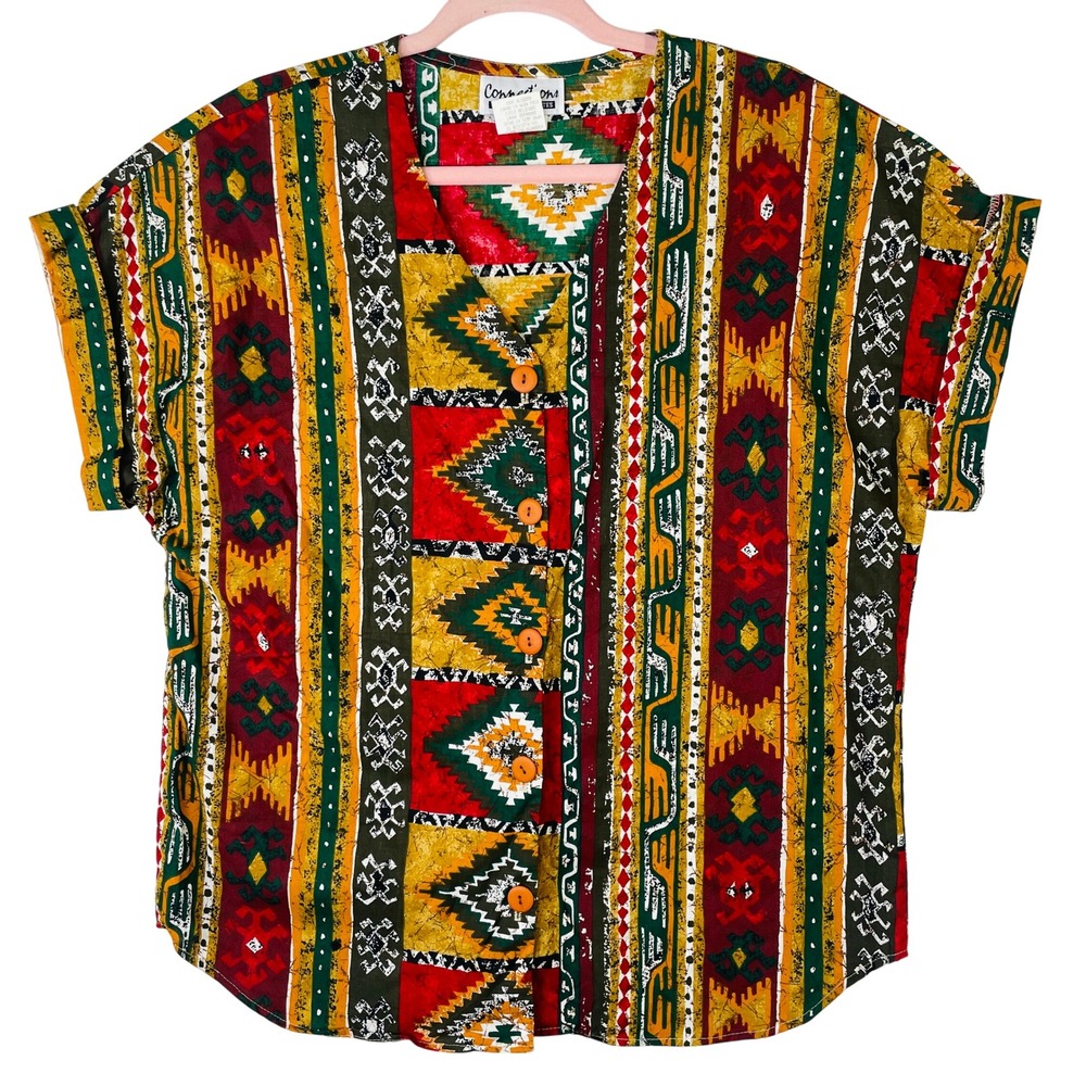Vintage Connections Related Separates Southwestern Tribal Print Button Blouse L